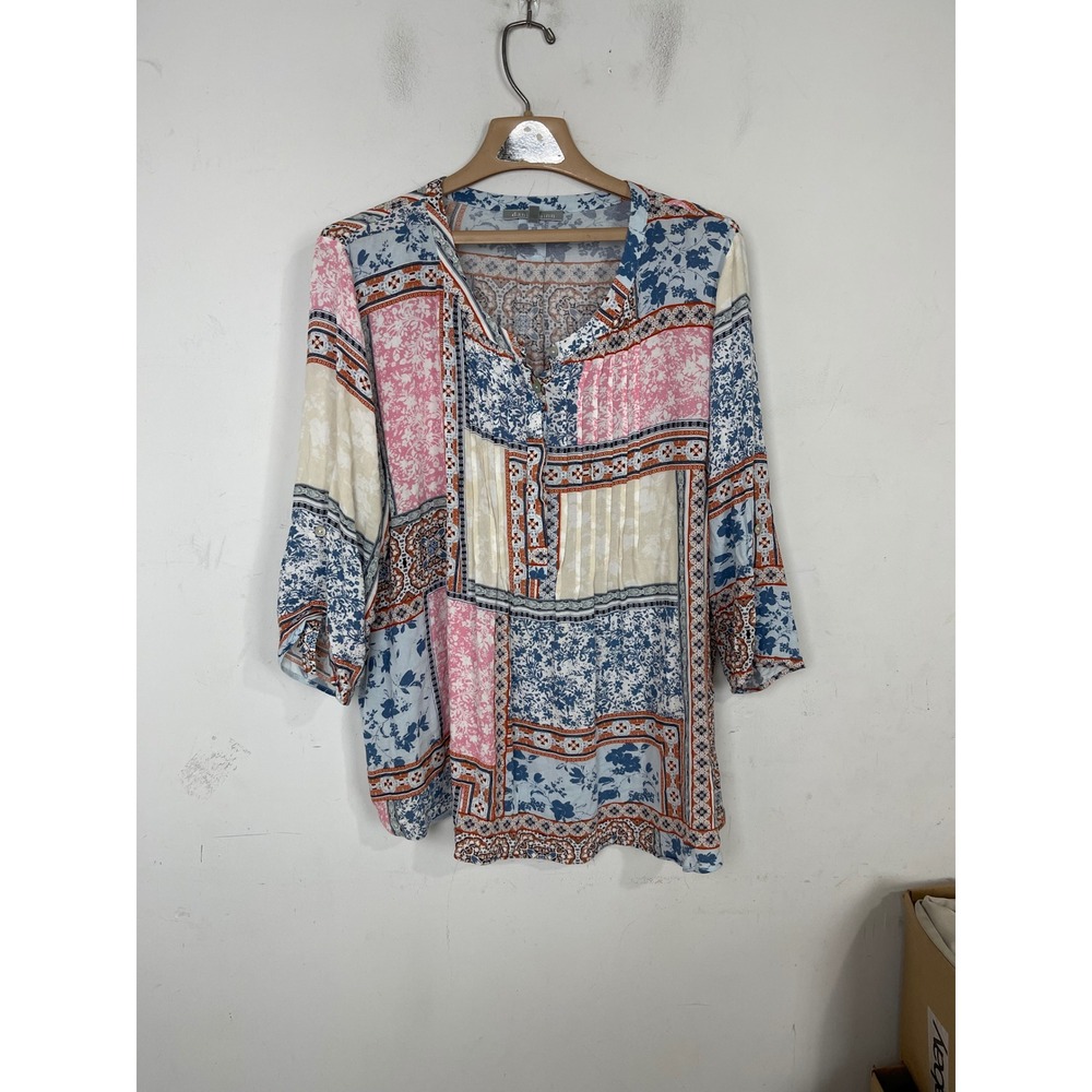 Daniel Rainn Womens 2X Patchwork Floral Boho Blouse‎ 3/4 Roll Tab Sleeve